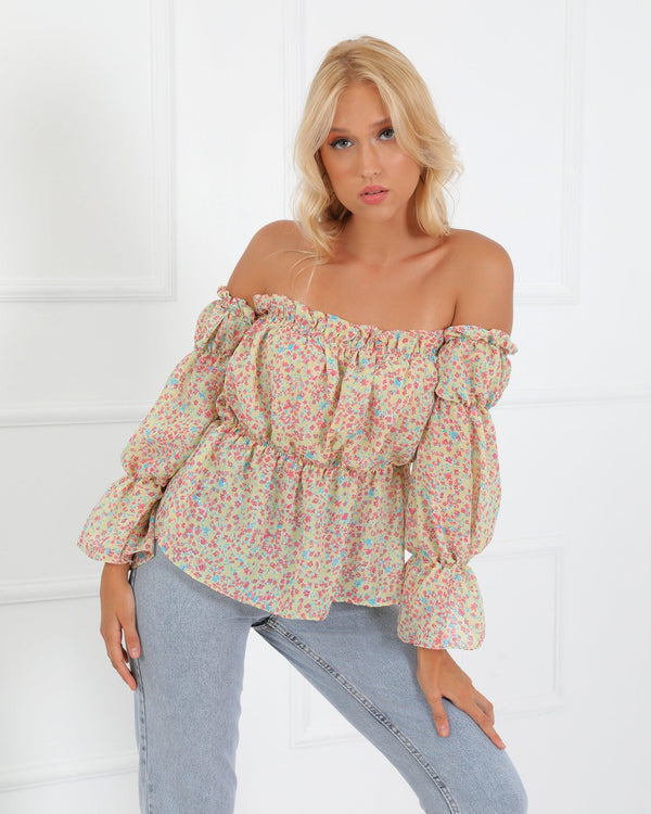 Long Sleeve Elastic Floral Blouse