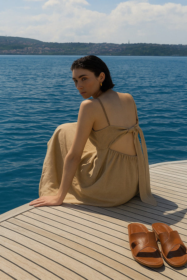 Tied-Back Linen Dress