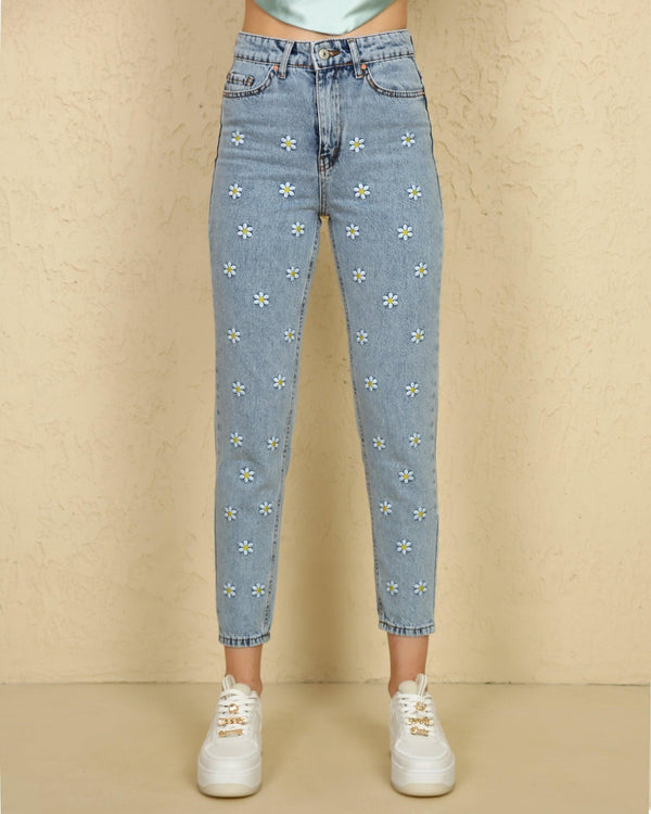 Daisy Embroidered High Waist Mom Jeans