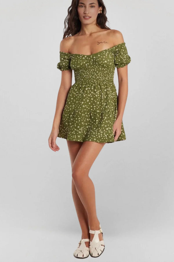 Green Floral Smocked Mini Dress